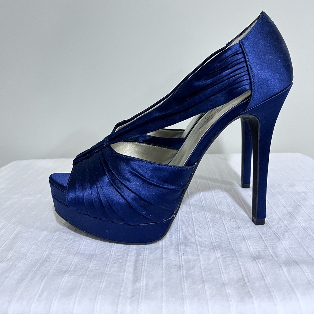 Blue platform satin heels